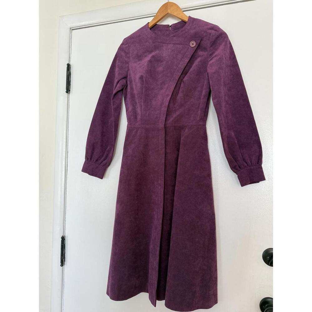 Vintage Mollie Parnis Purple Ultra Suede Long Sleeve Dress Small - Picture 2 of 15